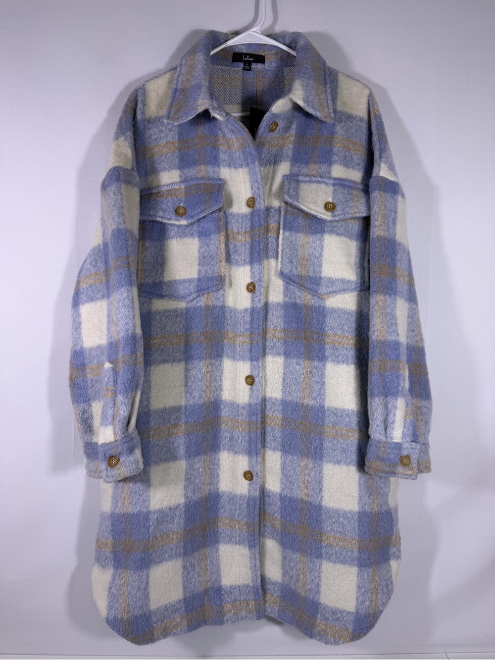 NWT Lulus Lavender Plaid Long Wool Blend Shacket Large
